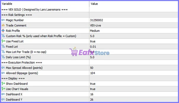 Vex Gold EA MT5 Settings Panel