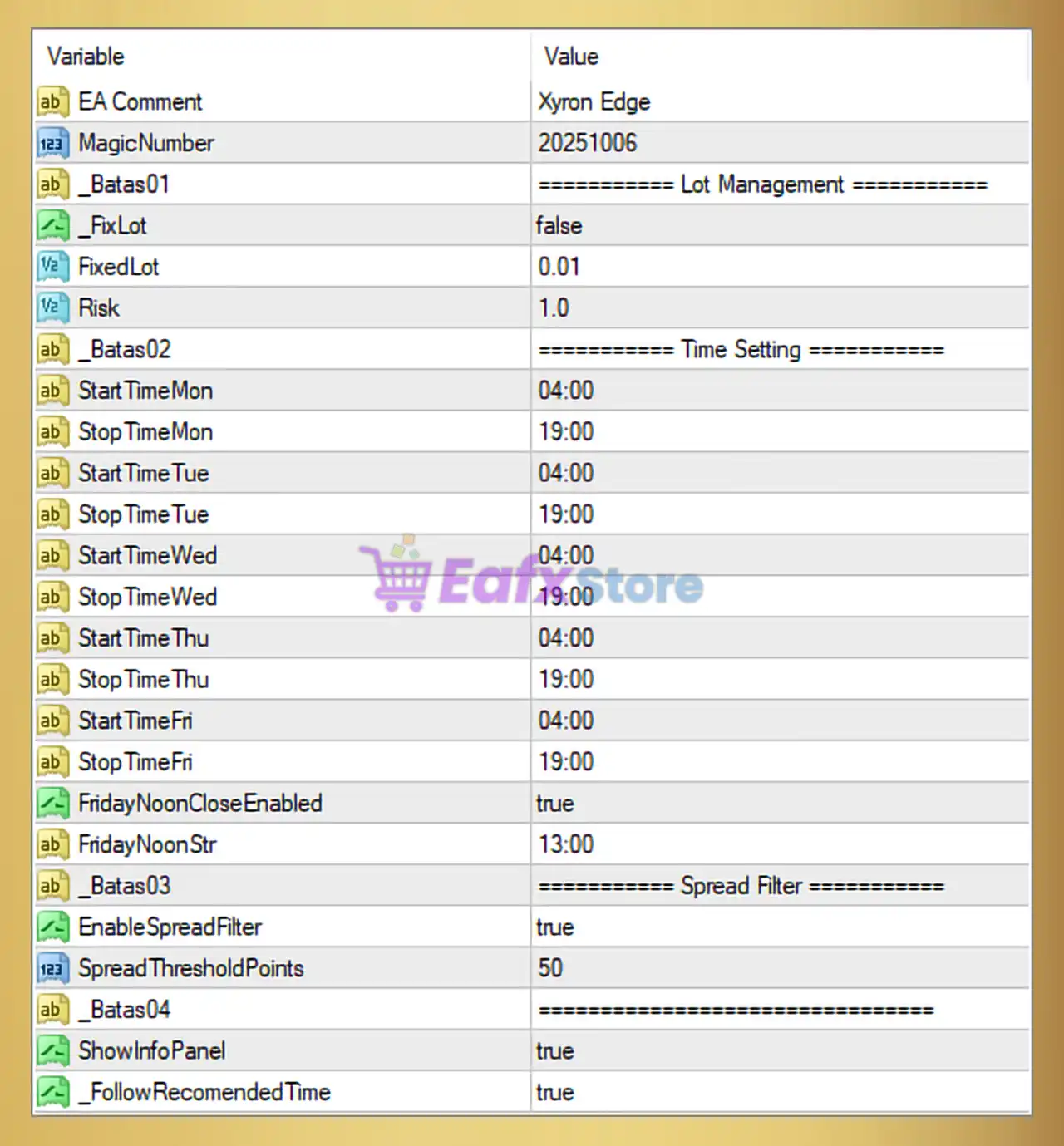 Xyron Edge MT4 Settings Panel