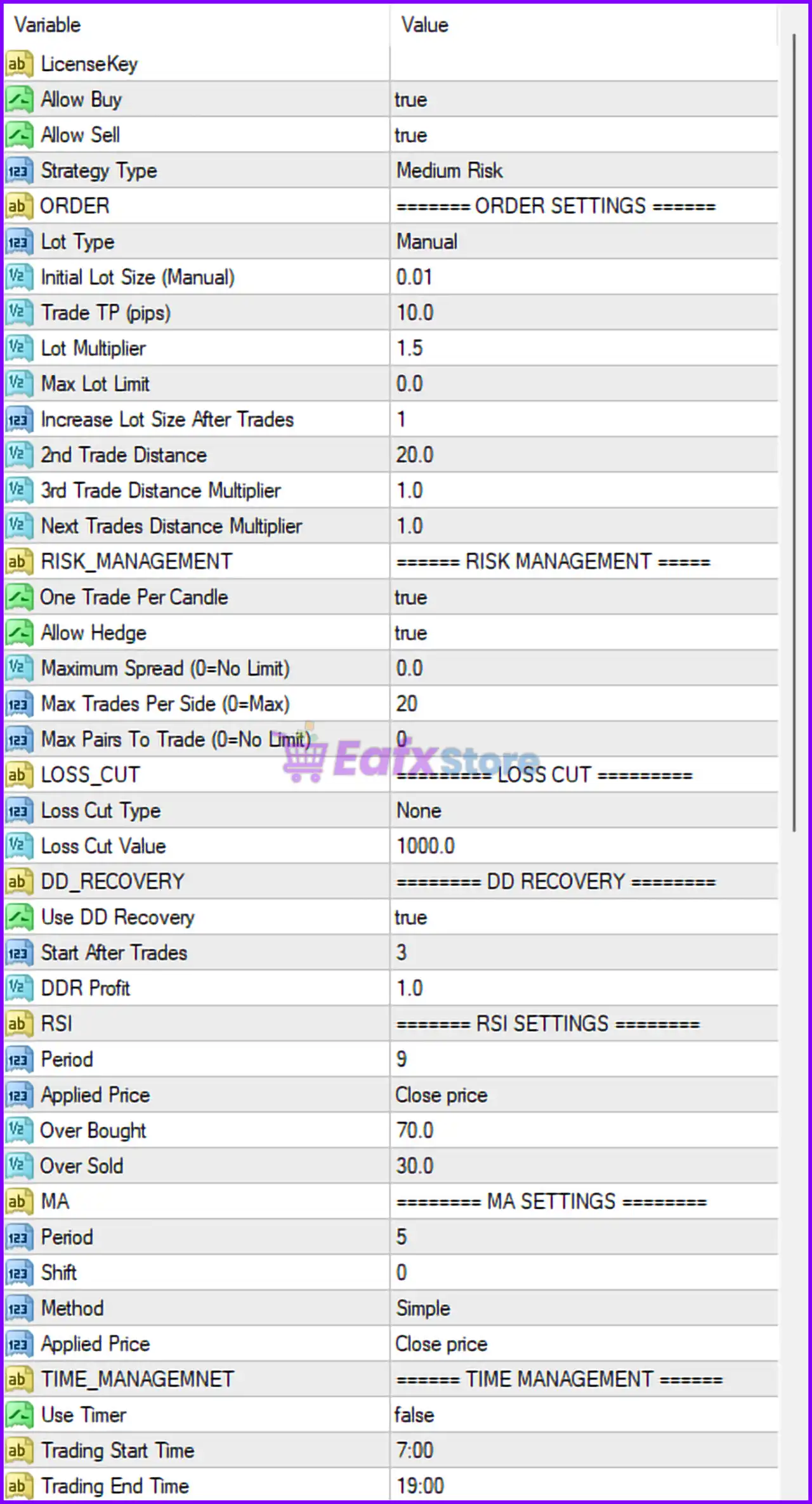 YoForex Pro EA MT4 Settings Panel