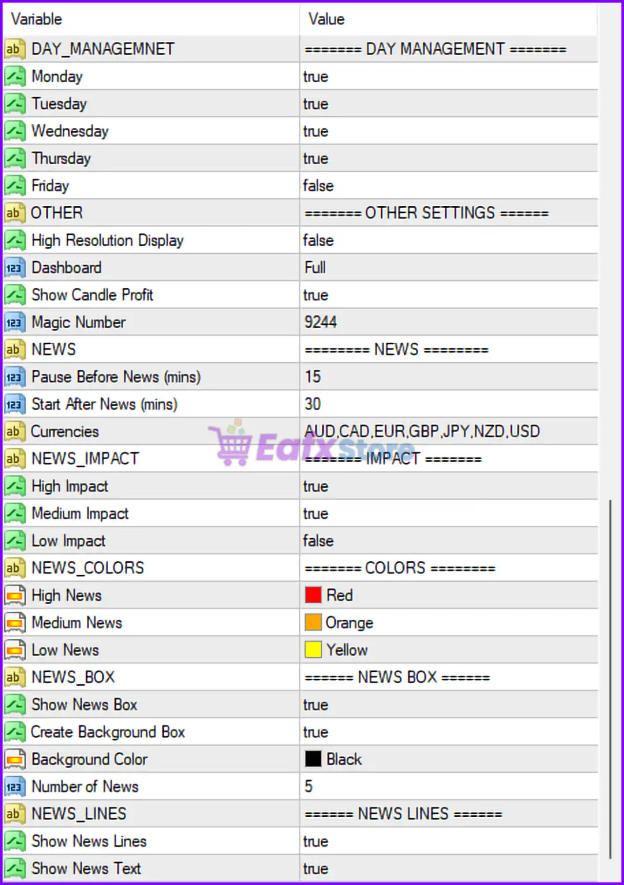 YoForex Pro EA Settings Panel