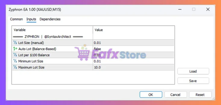 Zyphron EA MT5 Settings Panel
